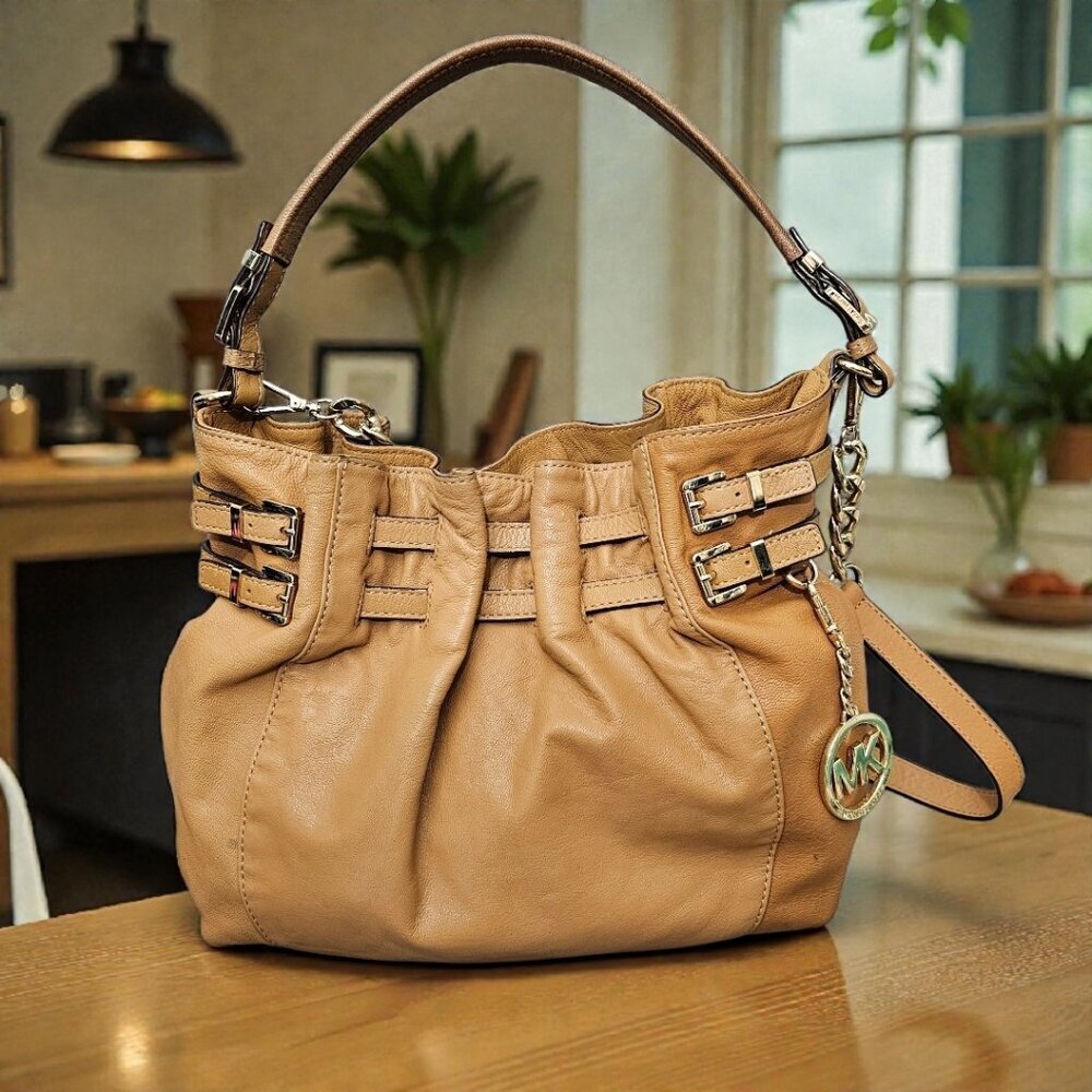 Michael Kors Way Leather Buckle Hobo Cinch Chain Tan Shoulder Bag COA